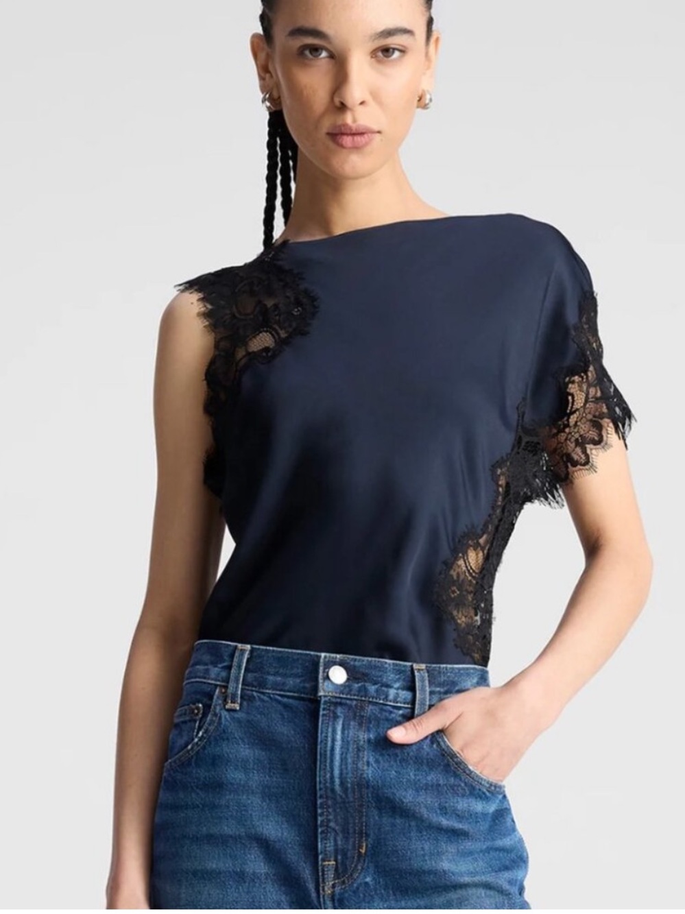 NWT A.L.C. Navy Satin Sleeveless Top with Black Lace Insets